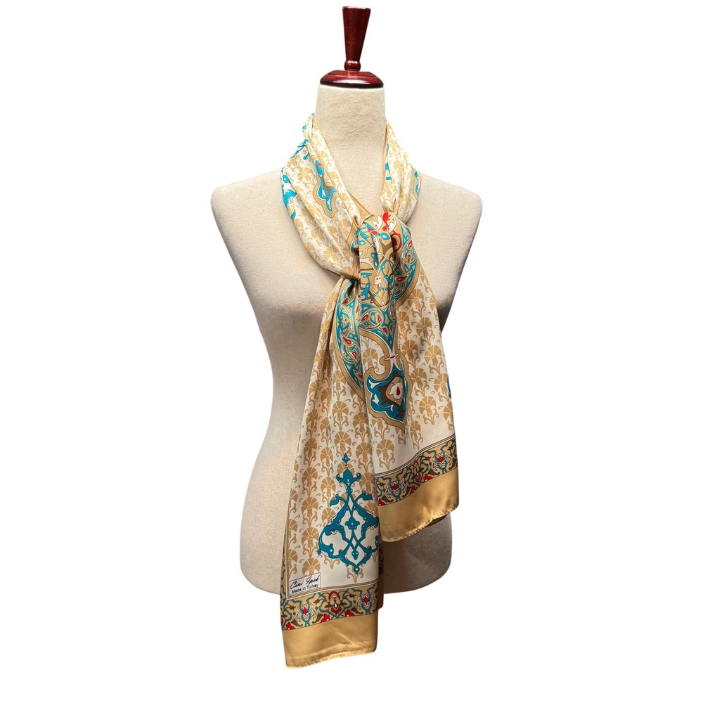 Cini Ipek Scarf Turkish Silk Medallion Paisley Print Gold Blue OS Boho Luxury